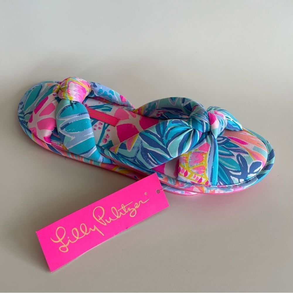 Lilly Pulitzer Pool Slippers Pink Sea Glass Aqua Rainforest Retreat S/M Size 7-8 - Picture 6 of 8